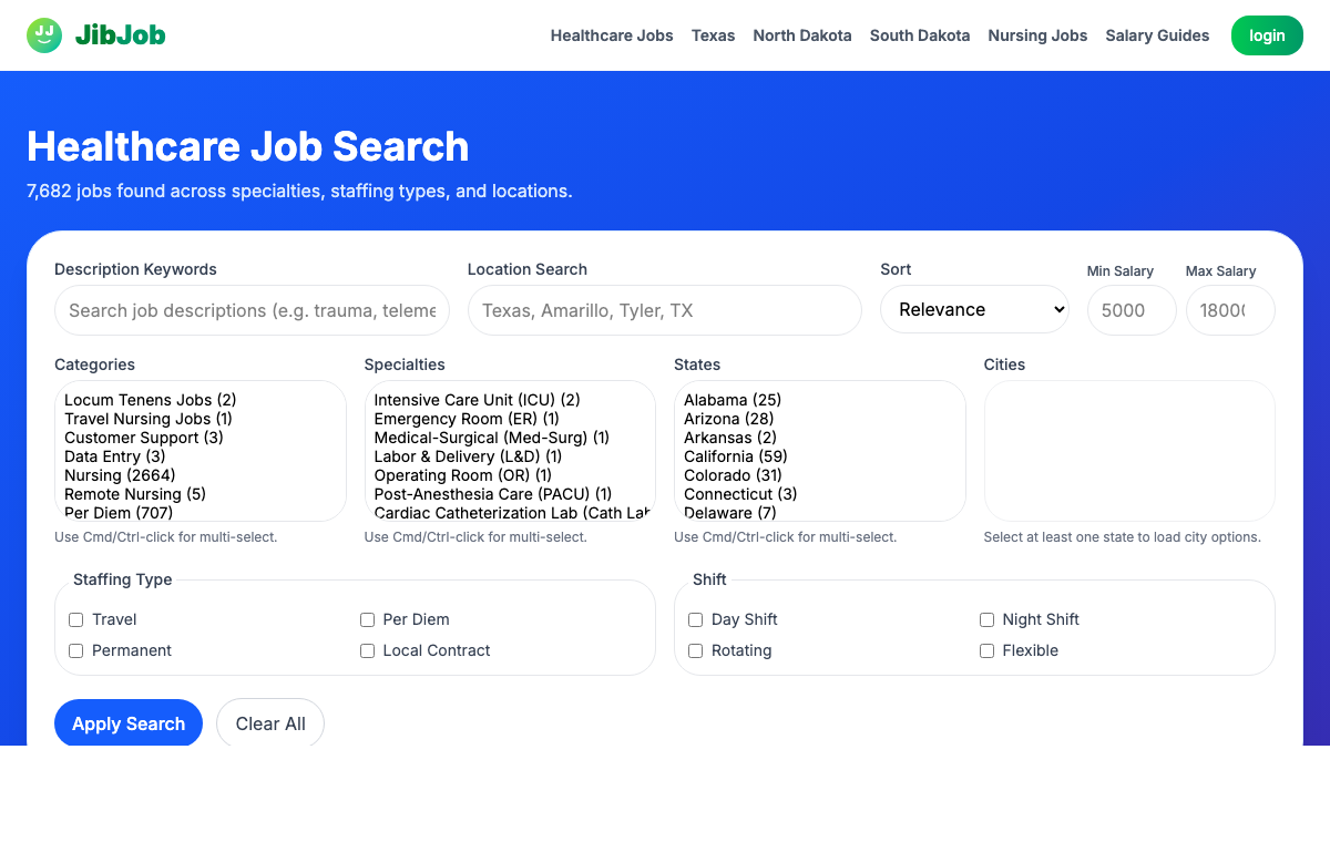 JibJob Healthcare Job Pages captured proof view.